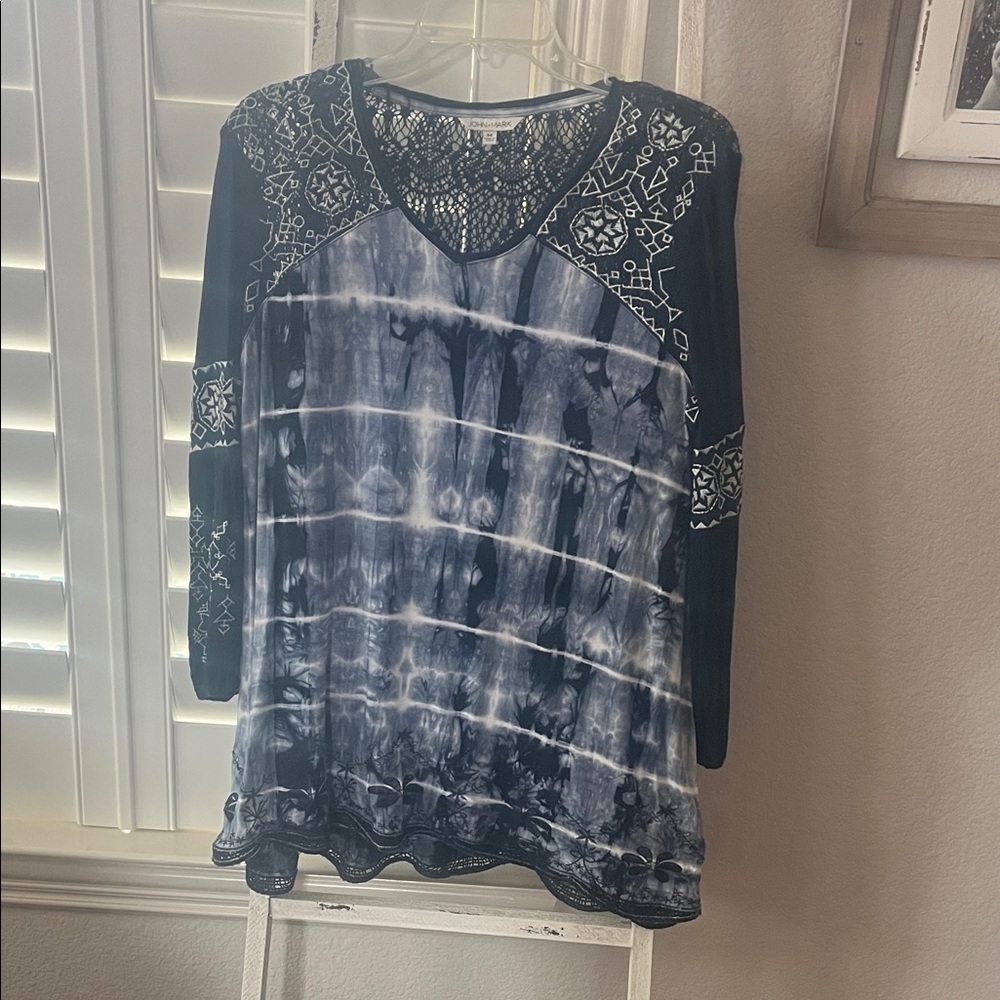 John Mark Navy Tie-Dye Blouse with Lace Accents